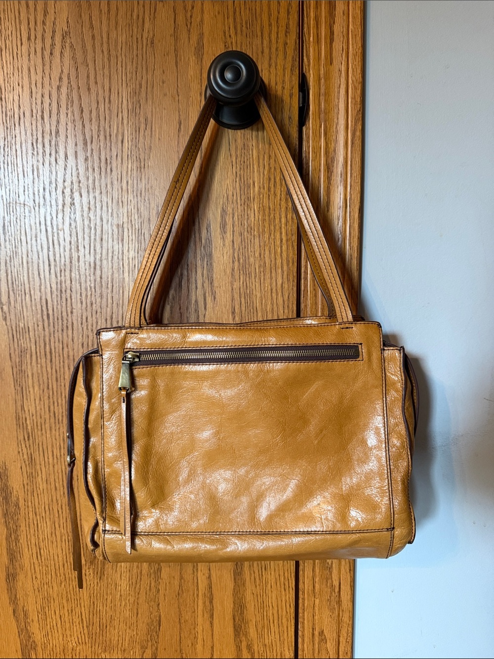HOBO Tan Leather Shoulder Bag with Front Zip Pocket